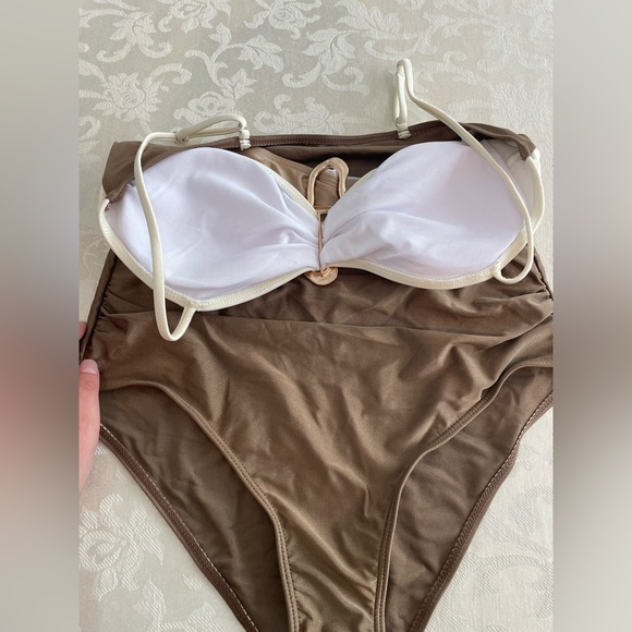 Elegant Cream and Brown One-Piece Swimsuit - Picture 3 of 5